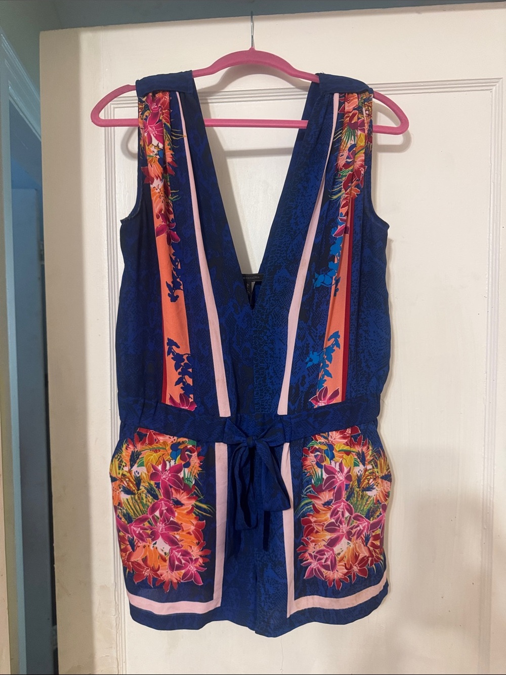 BCBGMaxAzria Navy Floral Romper with Pink and Orange Panels